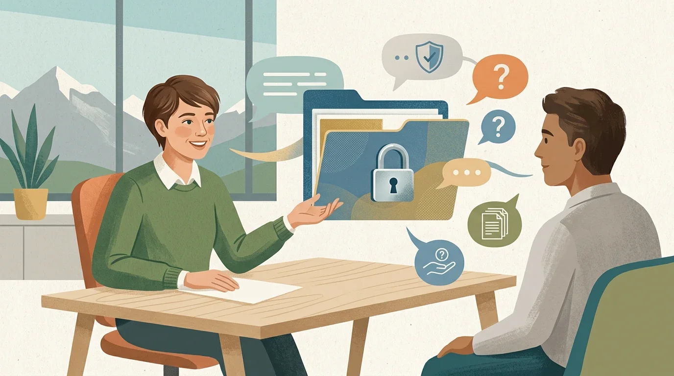 Ruhige Darstellung von Datenschutz, Gespräch und Unterstützung